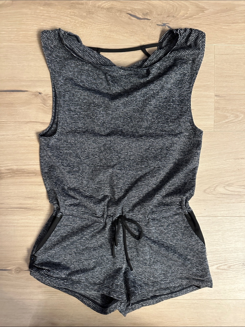 Kids Sleeveless Grey Striped Romper with Drawstring